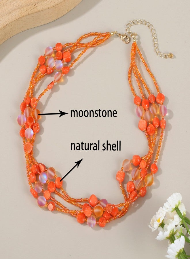 Xalroco Colorful Natural or Synthetic Gemstone Choker Necklace for Women, Statement Shell Crystal Beaded Multi-Strand Collar Necklace, Moonstone Necklace, Jewelry Gift for Her (Orange) - Image 4